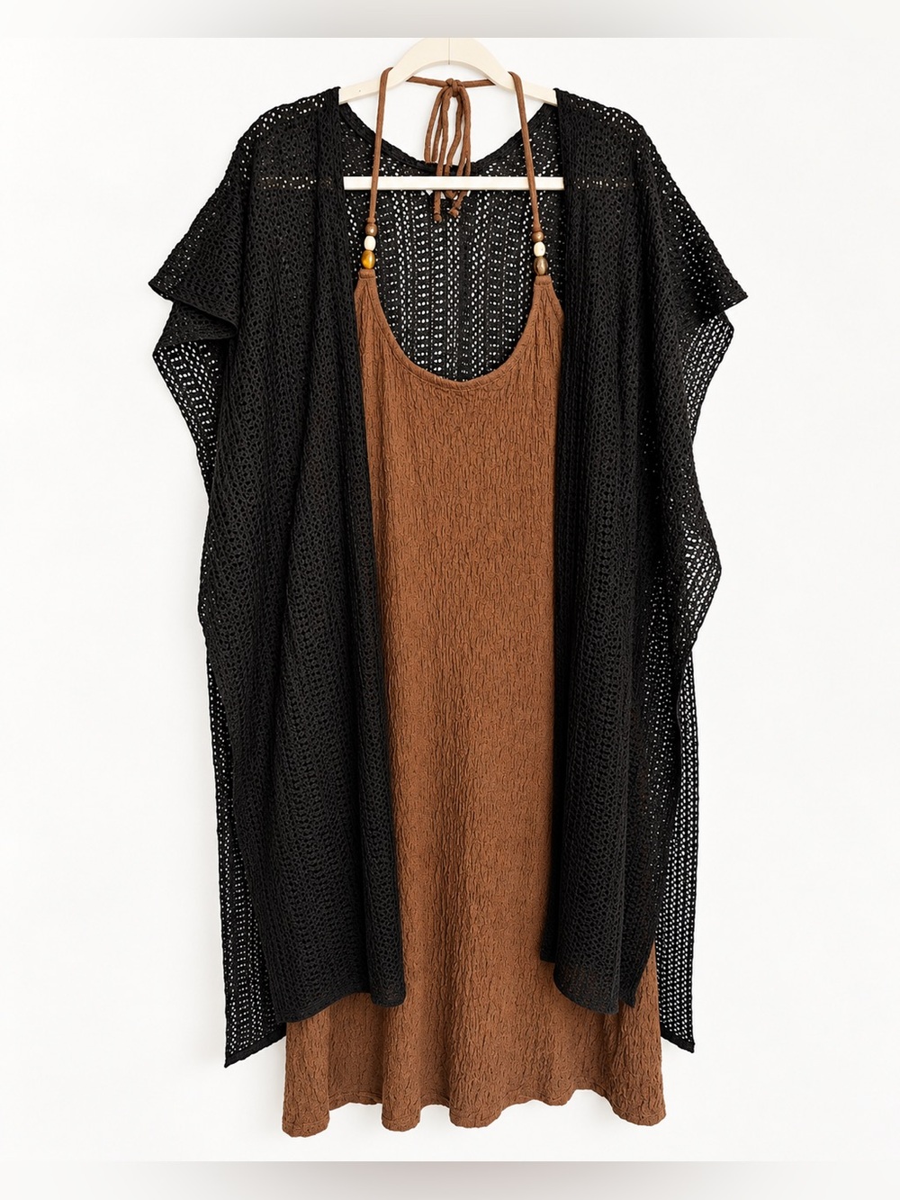 Old Navy Rust Brown Dress w/ Steve Madden Brown Open-Knit kimono Cardigan